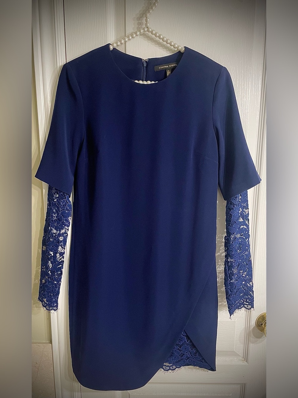 Cynthia Steffe Blue Lace-Sleeve Sheath Dress